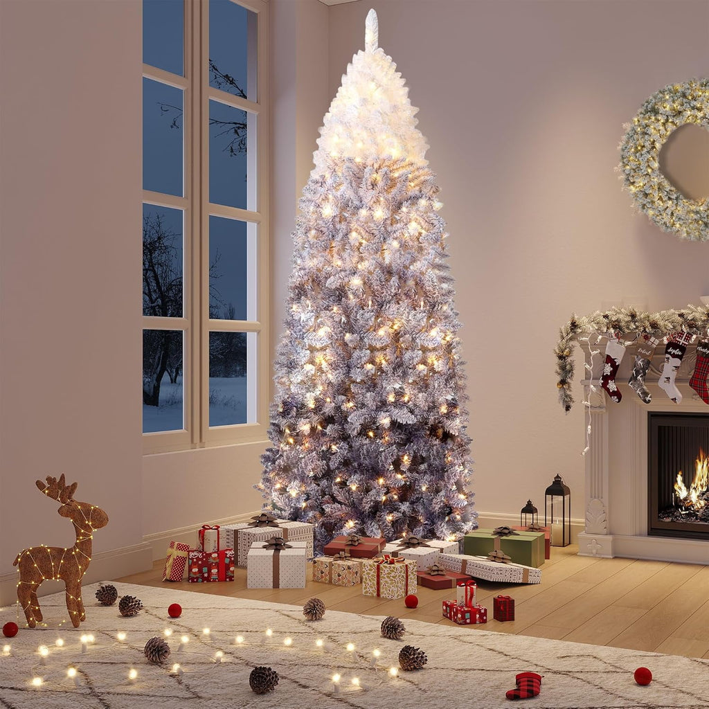 4.5/6/7.5/9 ft Flocked Pencil Christmas Tree with 100 Lights, Pre Lit Tall Skinny Christmas Tree with PVC Branch Tips, Premium Hinged Xmas Tree with Metal Base, Slim Artificial Christmas Tree