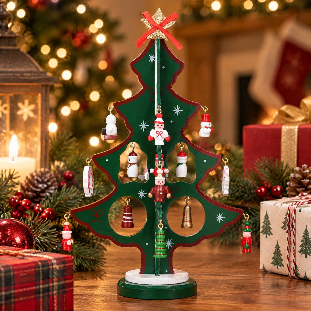 Mini Wood Tree with Ornaments Christmas Decoration, Multicolor, 9", by Holiday Time