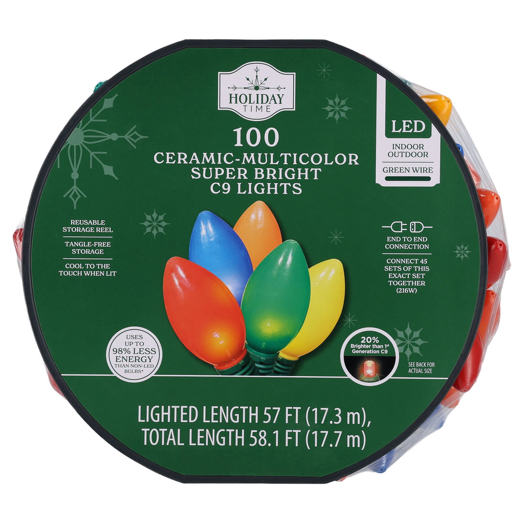 Indoor/Outdoor 100-Count LED Smooth C9 Christmas String Lights, Multicolor, Green Wire, 57', by Holiday Time