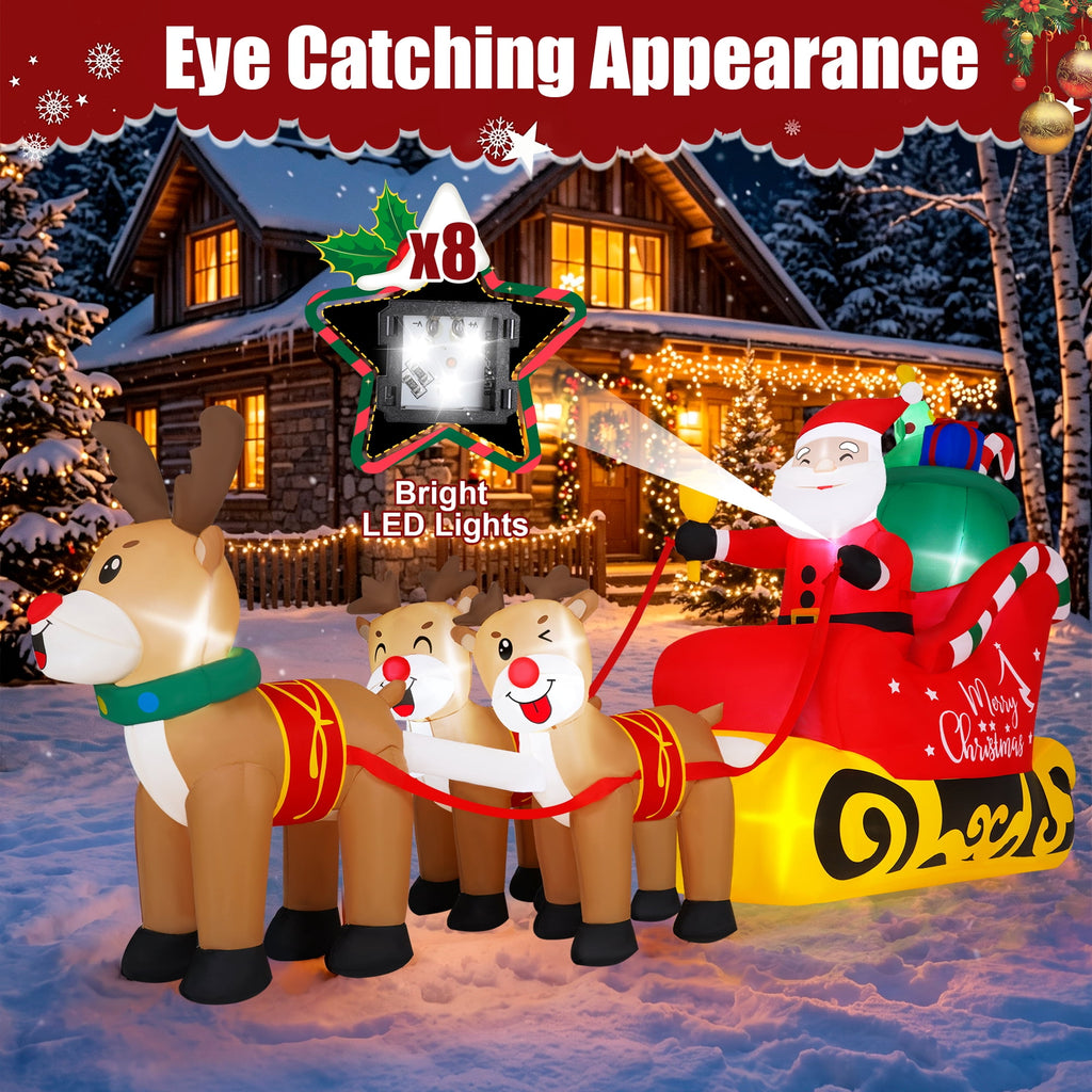 Firstness 8ft Christmas Inflatables Santa Claus on Sleigh with 3 Reindeer Xmas Blow ups with LED Lights Outdoor Yard Lawn Decoration