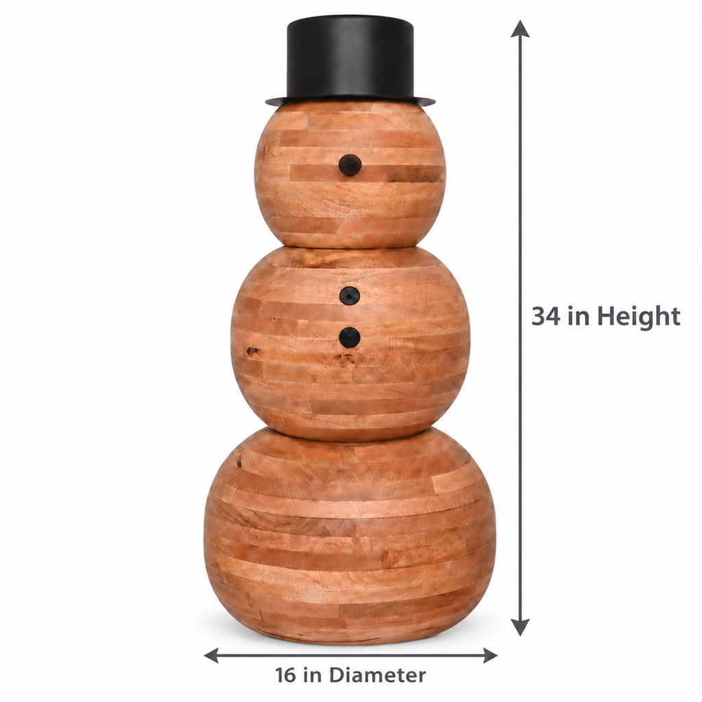 Holiday Time Wood Decorative Snowman with Black Metal Hat, Natural Finish, Christmas Outdoor Porch Decor, 34 in