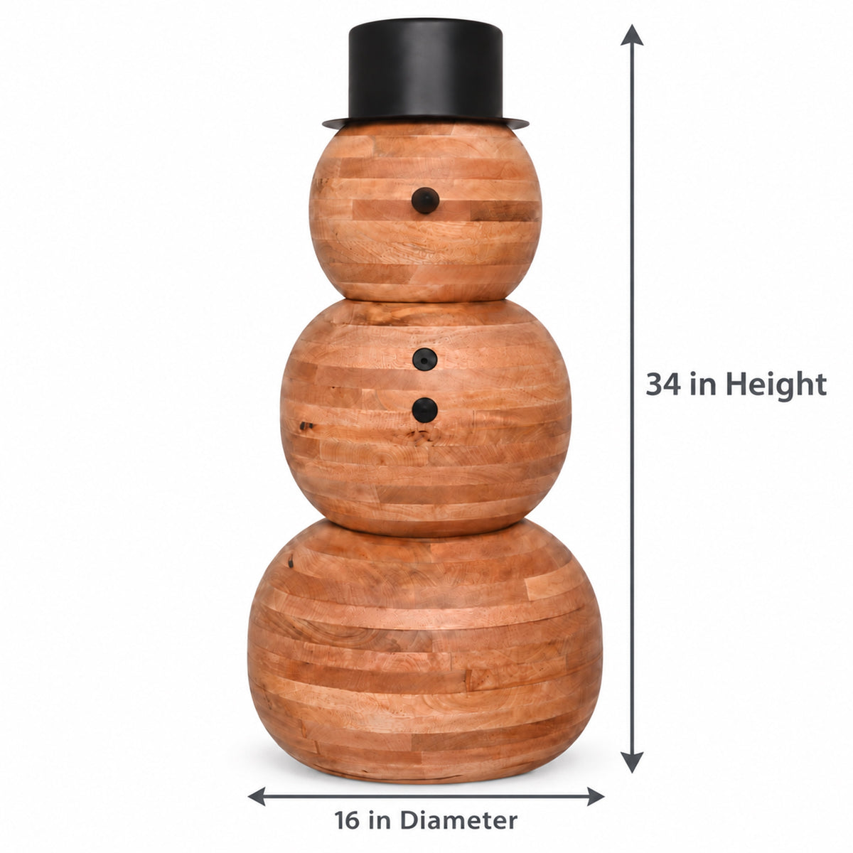 Holiday Time Wood Decorative Snowman with Black Metal Hat, Natural Finish, Christmas Outdoor Porch Decor, 34 in