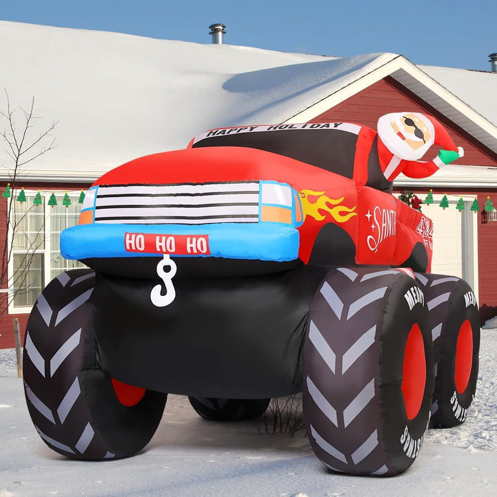 GOOSH 7.5 FT Long Christmas Inflatables Santa Claus on Truck with Presents, Monster Truck Inflatable Christmas Decorations with LED Lights, Outdoor Christmas Decorations Clearance for Xmas Holiday