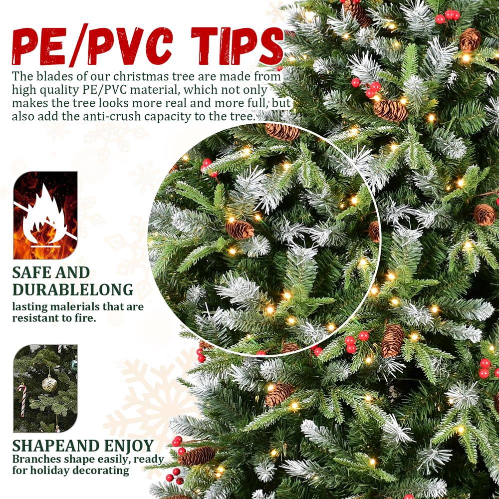 Topcobe Premium Artificial 7ft Green LED Christmas Tree, Foldable Base, Mixed Branch Tips, Red Fruits & Pine Cones for Indoor Holiday Decorating
