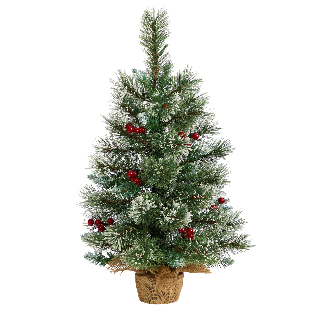Nearly Natural 2ft. Snow Tipped Pine and Berry Artificial Christmas Tree with 35 Warm White LED Lights in Burlap Base