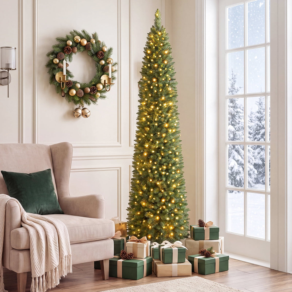 Costway 5 FT Pre-Lit Pencil Christmas Tree with 150 LED Lights & 296 Branch Tips Party