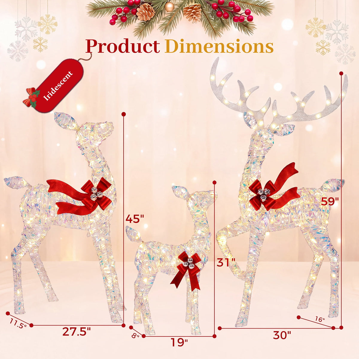 FOOWIN 3-Piece Large Christmas Deer Family, Lighted Outdoor Christmas Decoration, Champagne Gold