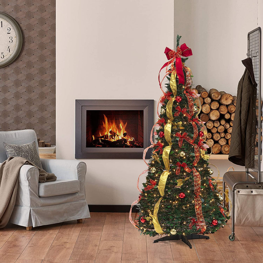 Prextex Christmas Tree Fully Decorated Pre-lit 6 Ft Pull Up Pop Up Out of Box Ready Minimal Assembly Needed Holiday Decorations w/ 350 Warm Lights with Stand