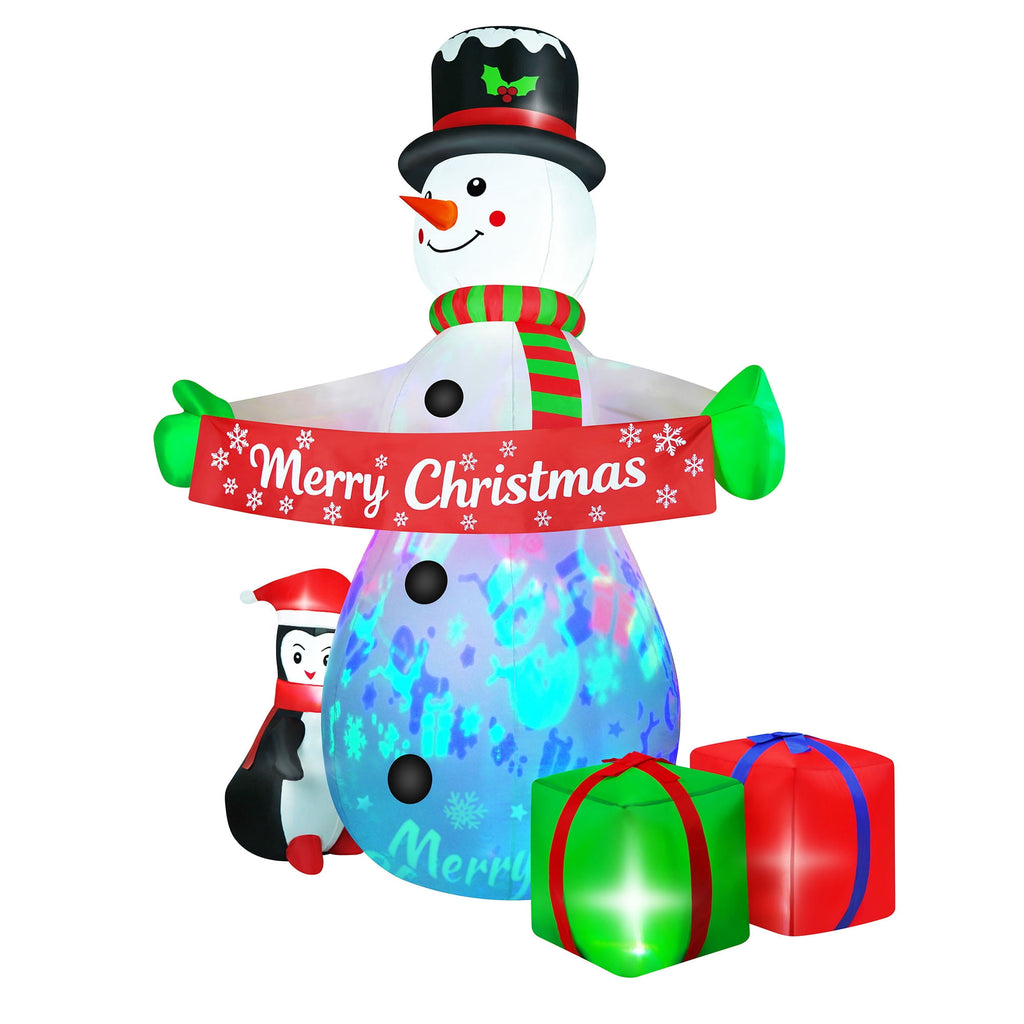 Yexmas 8FT Christmas Inflatable Snowman Blow Up Yard Decor with 360° Colorful Projection, Music On/Off, Penguin, Gift Boxes, Merry Christmas Banner for Outdoor Yard Decor