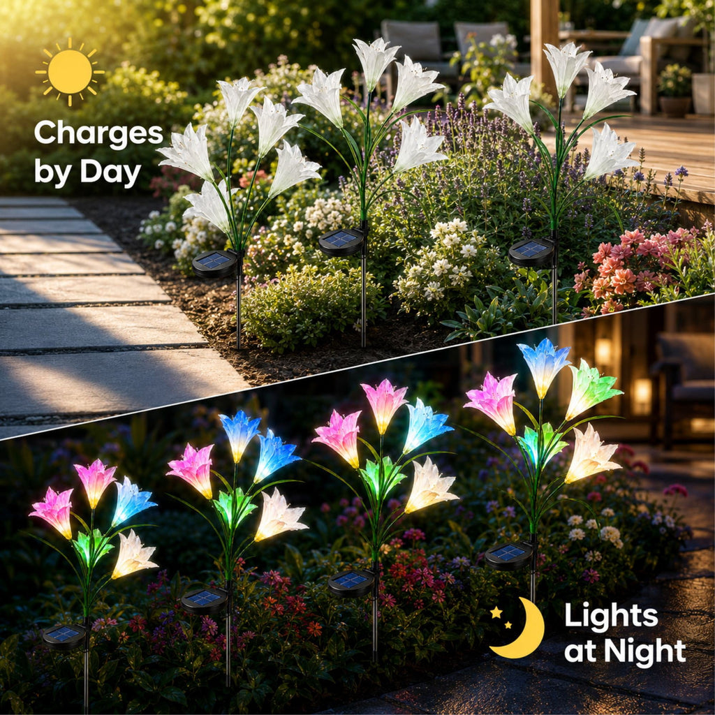 Solar Garden Lights Outdoor, 2 Pack 8 Lily, Solar Flowers Light Waterproof, Multi-color Changing LED Solar Stake Lights for Outside Patio Garden Pathway Yard Decoration