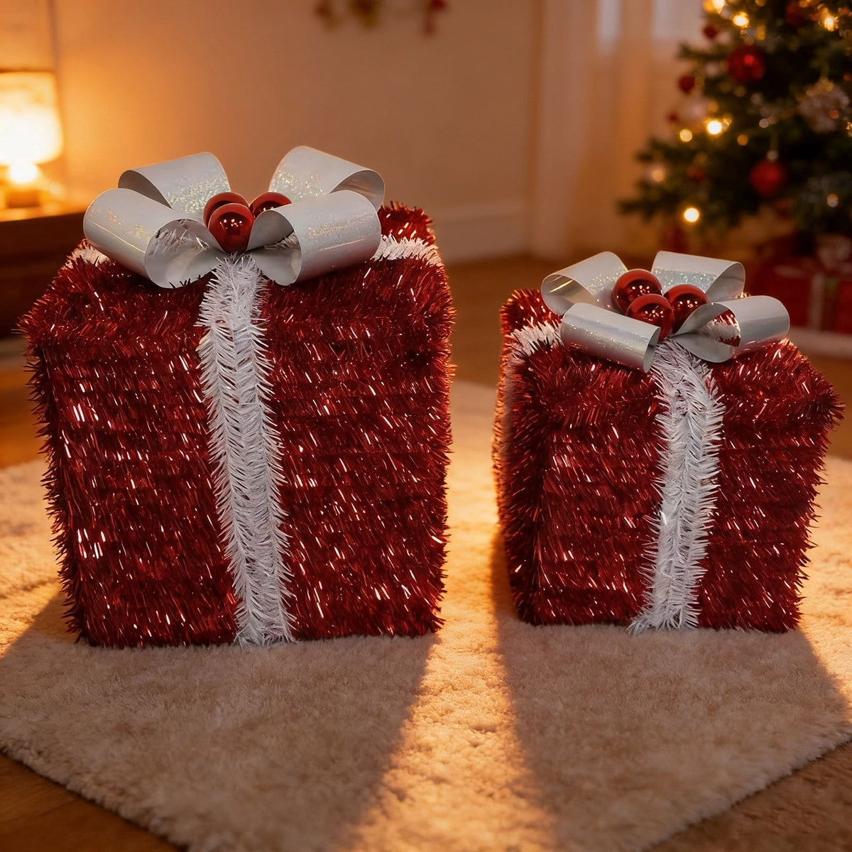 Tinsel Gift Boxes Christmas Decorations, Red and Silver, 2 Piece, by Holiday Time