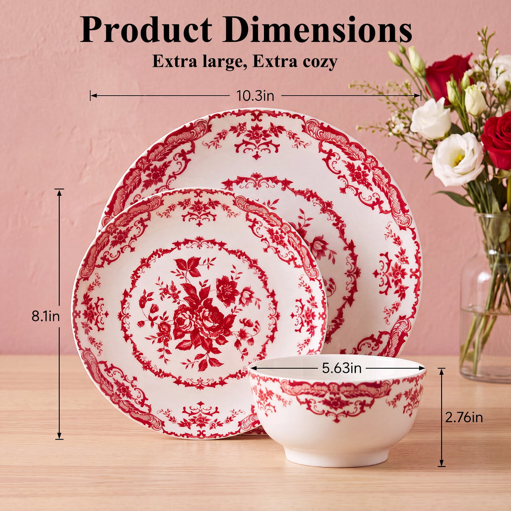Onader 12 Piece Tableware Set, Rose Floral Dinnerware Set for 4, Ceramic Plates and Bowls Sets for Home Kitchen Restaurant, Scratch Resistant & Microwave Safe, Red