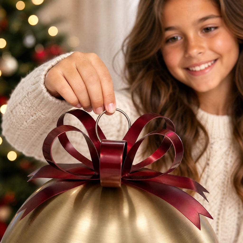 Luckky Oversized Gold Christmas Jingle Bell Ornament with Red Bow, Large Metal Sleigh Bell Decor, Giant Decorative Bell for Porch, Yard, Indoor Outdoor Christmas Holiday Display, Set Of 2