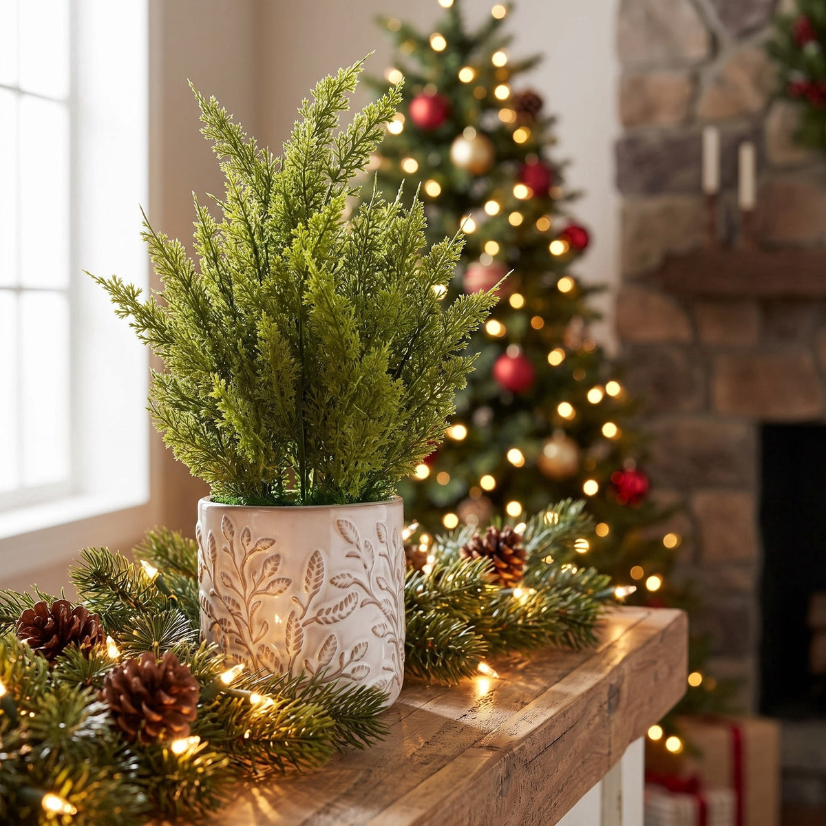 Greenery Christmas Arrangement in Ceramic Pot, Green and White, 16", by Holiday Time