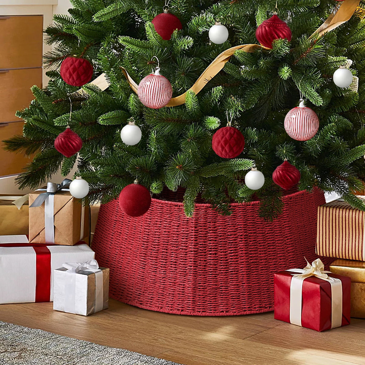 Ayieyill 26 inch Christmas Tree Collar, Christmas Tree Skirt for Christmas Tree Decorations | Rattan (Pink)