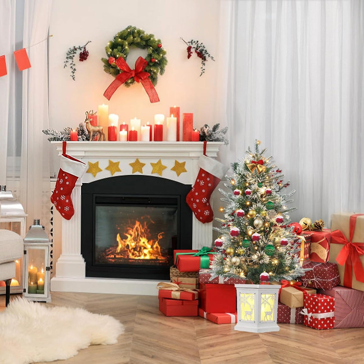 4ft Pre-Lit Artificial Christmas Tree with Large Box Base, 200 LED Lights, 4 Red Berries, Full Snow Branch Tips, Small Snowy Christmas Tree for Home, Office
