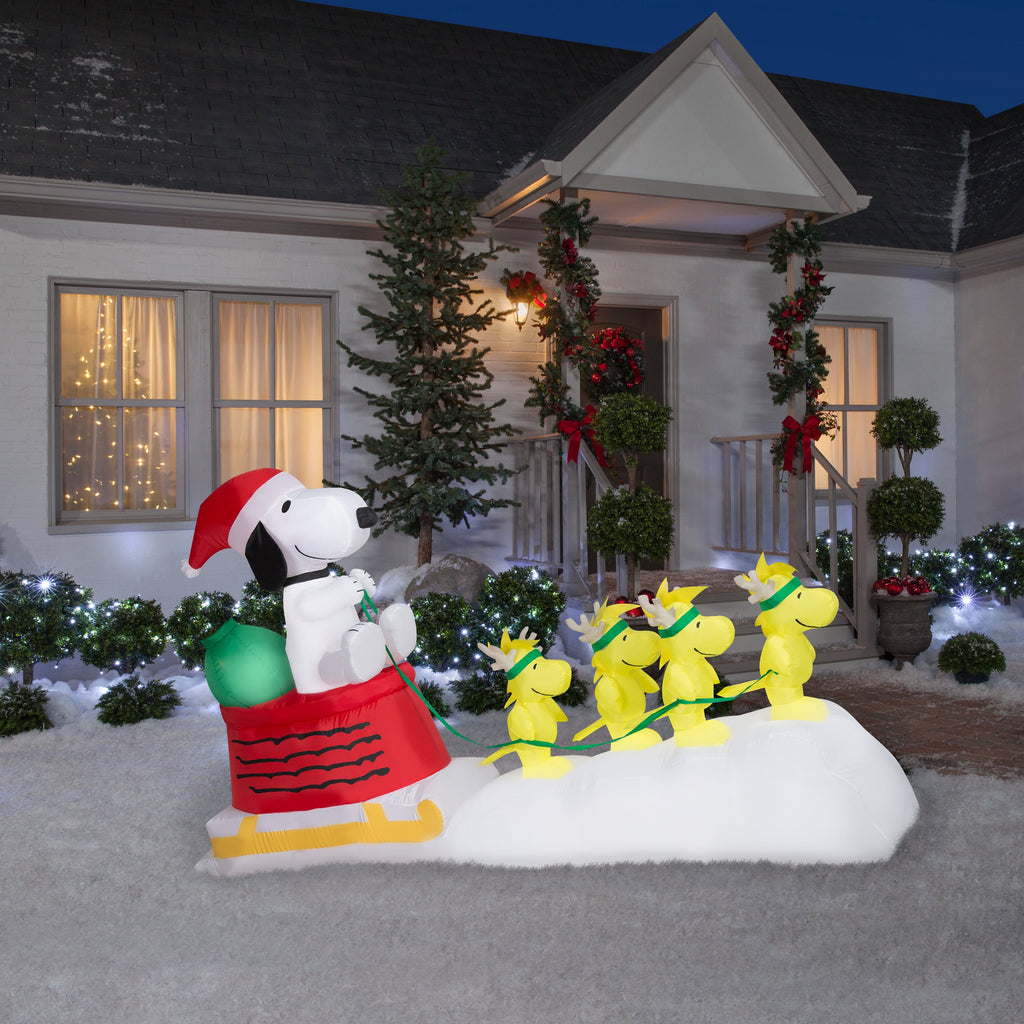 Peanuts Airblown Inflatable Snoopy in Dog Bowl Sleigh w/Woodstocks Scene Peanuts, 5 ft Tall