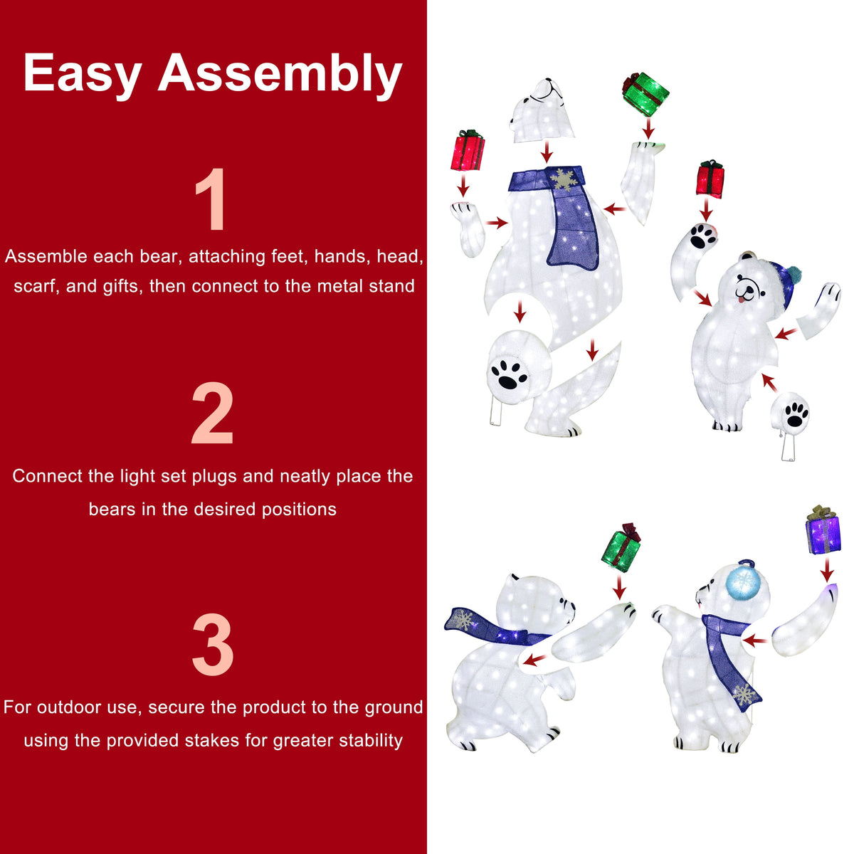 Set of 4 Pre-Lit Bear Family Christmas Holiday Décor with 450 Cool White Twinkling LED Lights