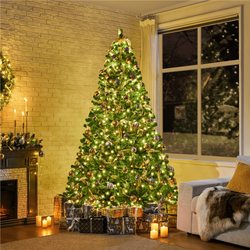 Alden Design 7.5 ft Pre-Lit Flocked Christmas Tree with Warm Lights, Frosted White