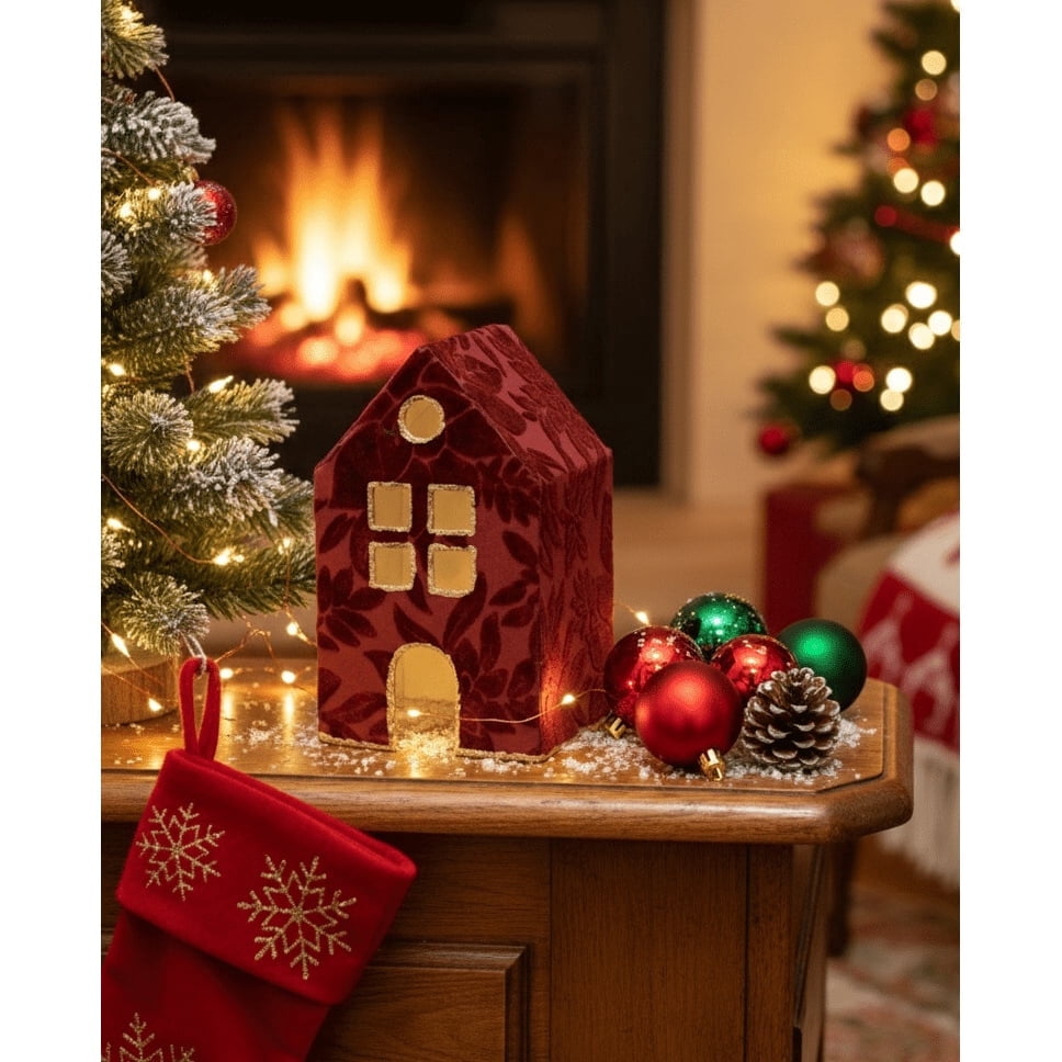 Velvet-Feel House Christmas Decoration, Red and Gold, 6", by Holiday Time