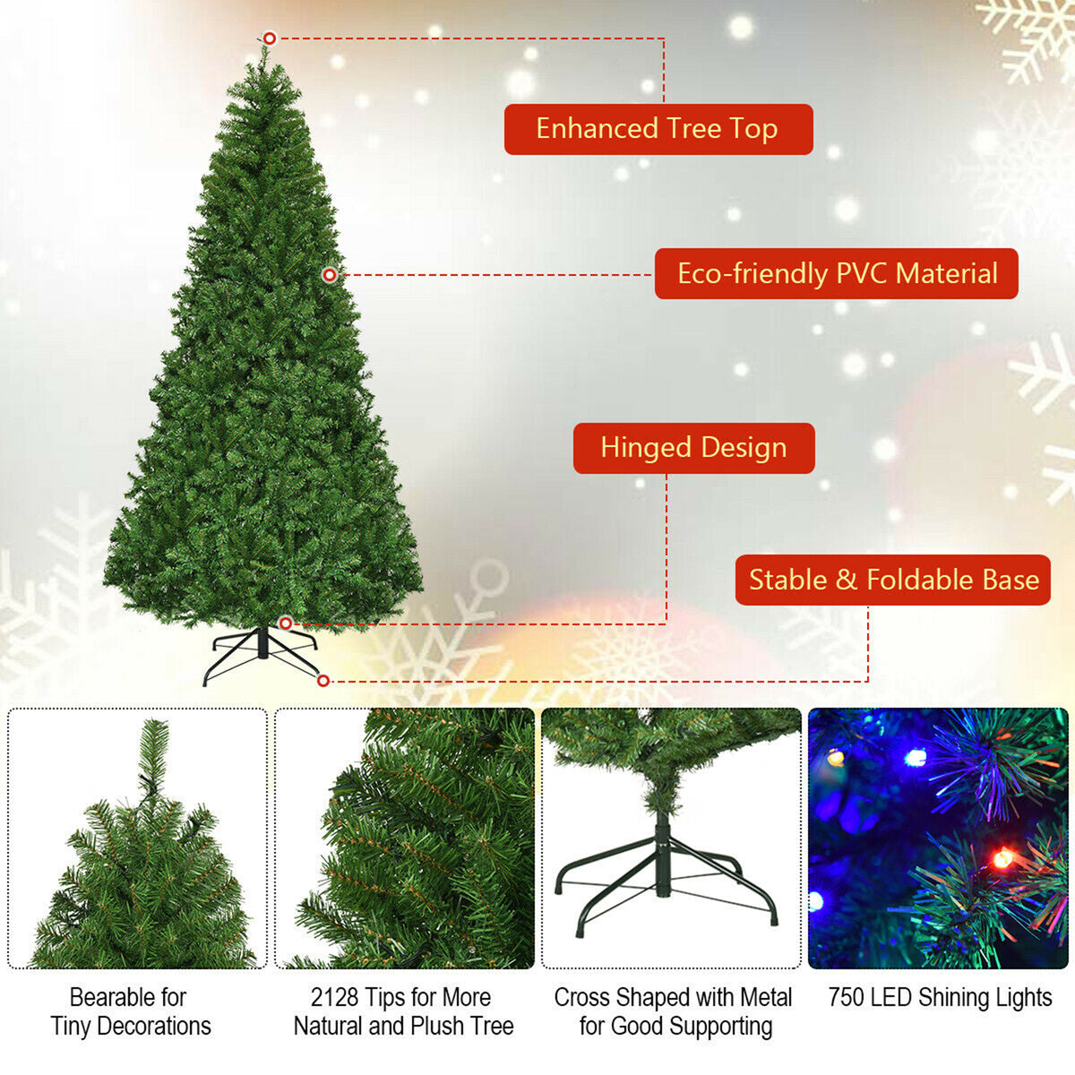 Gymax 8FT Pre-Lit Christmas Tree Hinged Artificial Tree w/ Metal Stand LED Lights