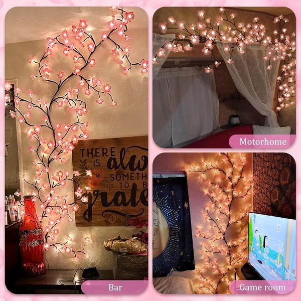 48LED/3.94FT Cherry Blossom Vine Lights with Remote Control, 8 Lighting Modes for Bedroom Wall and Indoor Decor