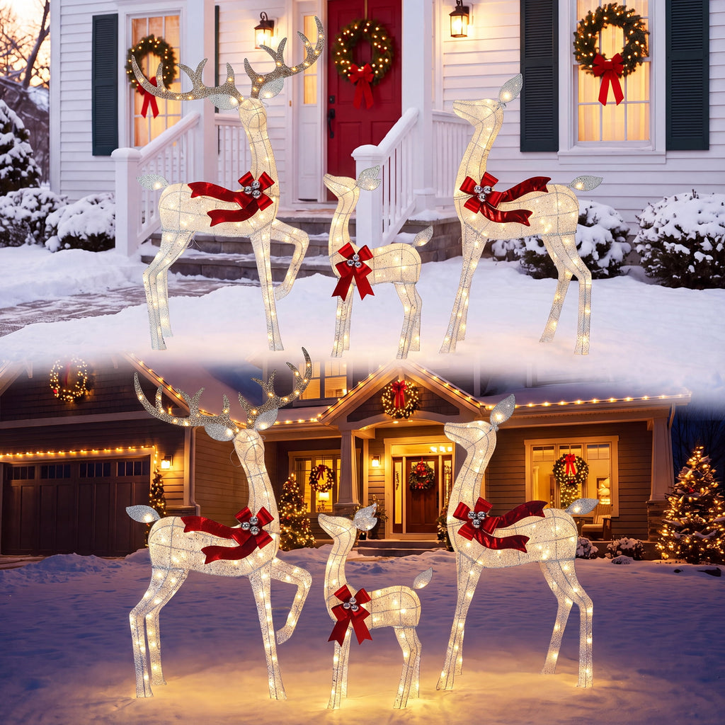 FOOWIN 3-Piece Large Christmas Deer Family, Lighted Outdoor Christmas Decoration, Champagne Gold
