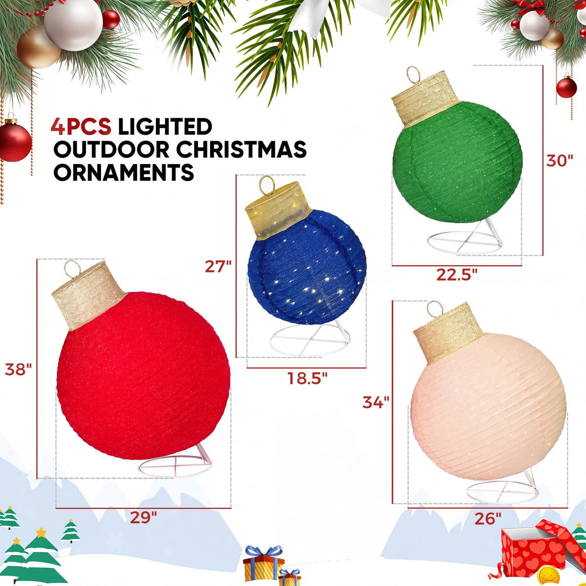 FOOWIN 3pcs Lighted Pop-Up Outdoor Christmas Ornament Set, Holiday Decoration with 270 LED Lights for Yard & Outdoor Christmas Decor