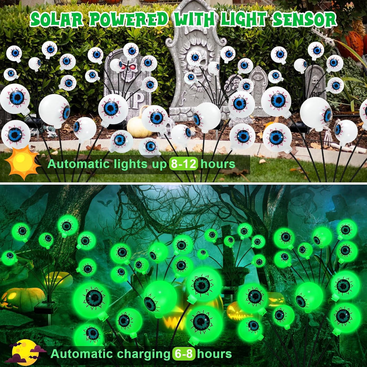 Morfone Halloween Decorations Outdoor, 2 Pack 12 LEDs Solar Scary Eyeball Lights, Waterproof Eyeball Swaying Firefly Lights, Halloween Path Lights for Garden Yard Party, Purple