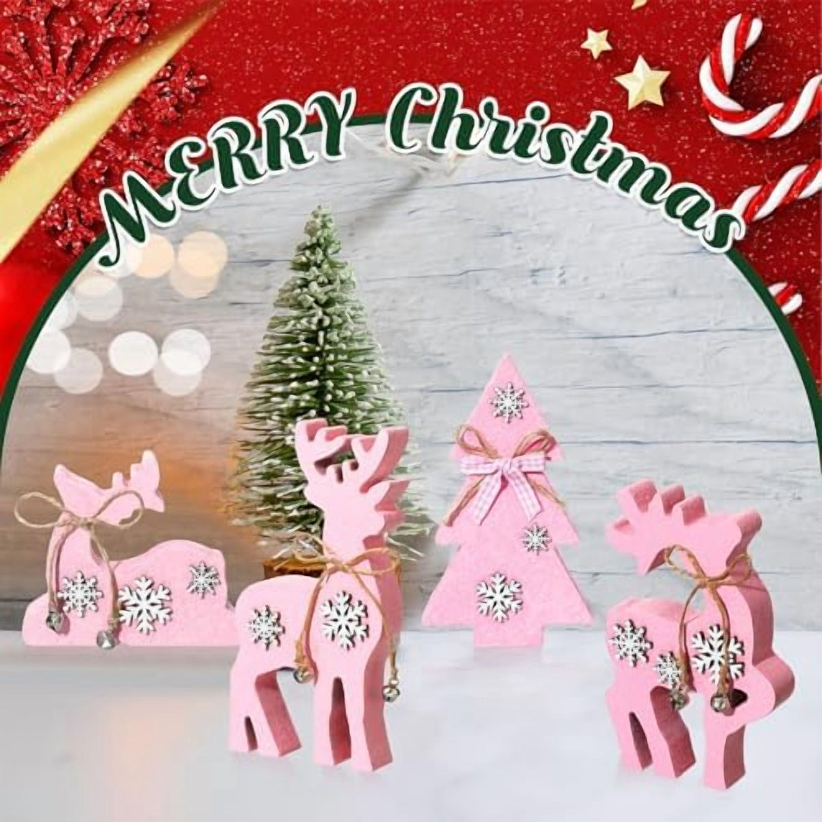 Christmas Reindeer Tabletop Decorations 4 Piece Wooden Reindeer and Christmas Tree Centerpieces Pink