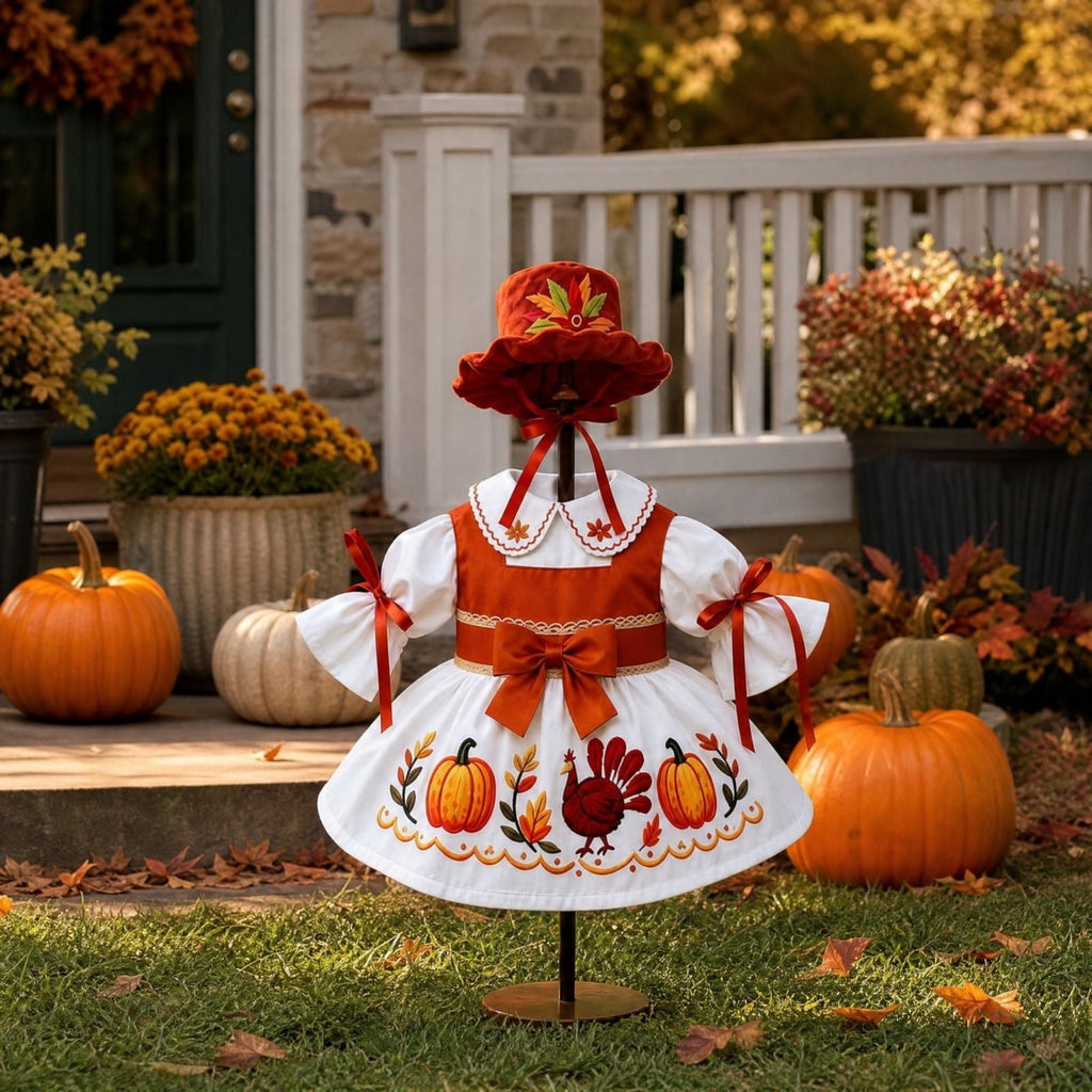AZXY Thanksgiving Porch Goose Outfit, 23 Inch Lawn Goose Costume with Pilgrim Hat & Pumpkin Turkey Print Dress, Goose Clothes for Cement Plastic Goose Statue, Outdoor Yard Patio Fall Garden Decor