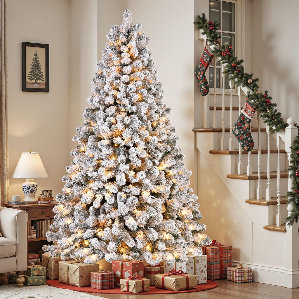 Lolsea 7ft Prelit Snow Flocked Artificial Holiday Christmas Tree w/ Warm White Lights, Foldable Stand, Full Snow Branch Tips