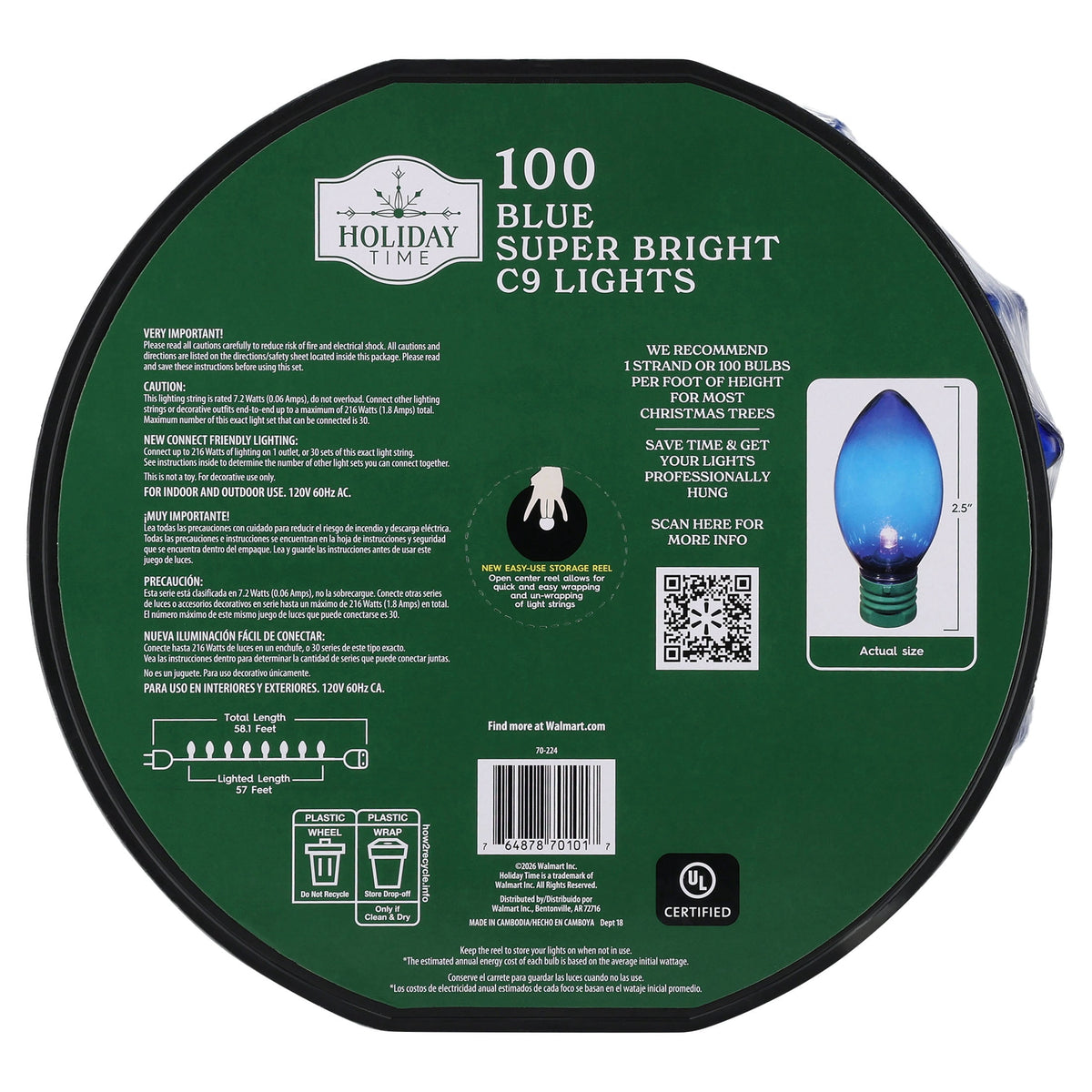 Indoor/Outdoor 100-Count LED Smooth C9 Christmas String Lights, Multicolor, Green Wire, 57', by Holiday Time
