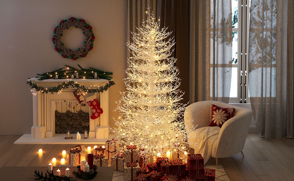 4FT Pre-lit Aspen Fir Artificial Christmas Tree, UHOMEPRO Hinged Xmas Tree 280 Snow Flocked Branch Tips, 230 Warm White LED Lights, Holiday Coral Christmas Tree for Home Party