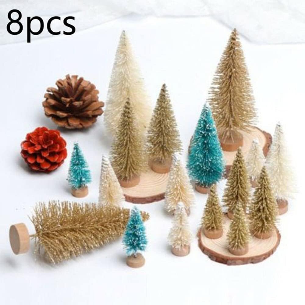 8 Pcs Artificial Mini Christmas Trees, Miniature Pine Trees Sisal Trees with Wood Base Tabletop Christmas Tree for Christmas Xmas Holiday New Year