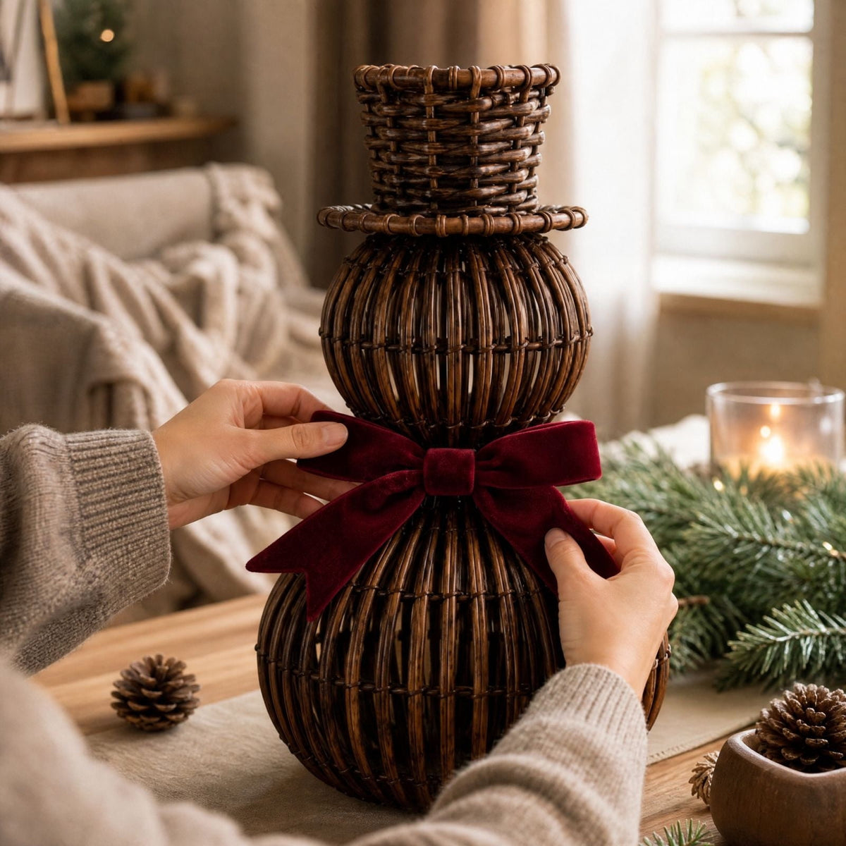 FeiBiQiuBi 14.9" Resin Rattan Style Snowman, Rustic Snowman Decorations with Bow, Woven Natural Style Freestanding Design Winter Farmhouse Decor for Home Kitchen Garden, Holiday Table Mantel Decor