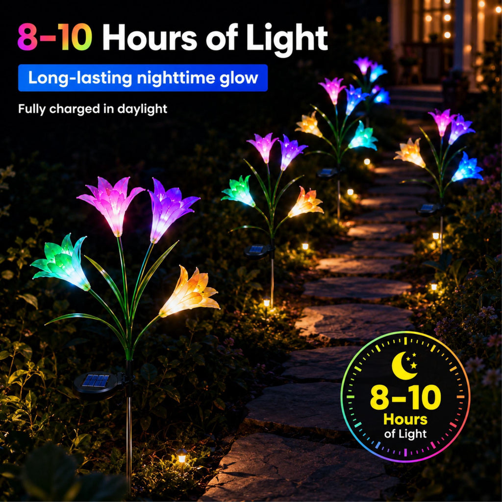 Solar Garden Lights Outdoor, 2 Pack 8 Lily, Solar Flowers Light Waterproof, Multi-color Changing LED Solar Stake Lights for Outside Patio Garden Pathway Yard Decoration