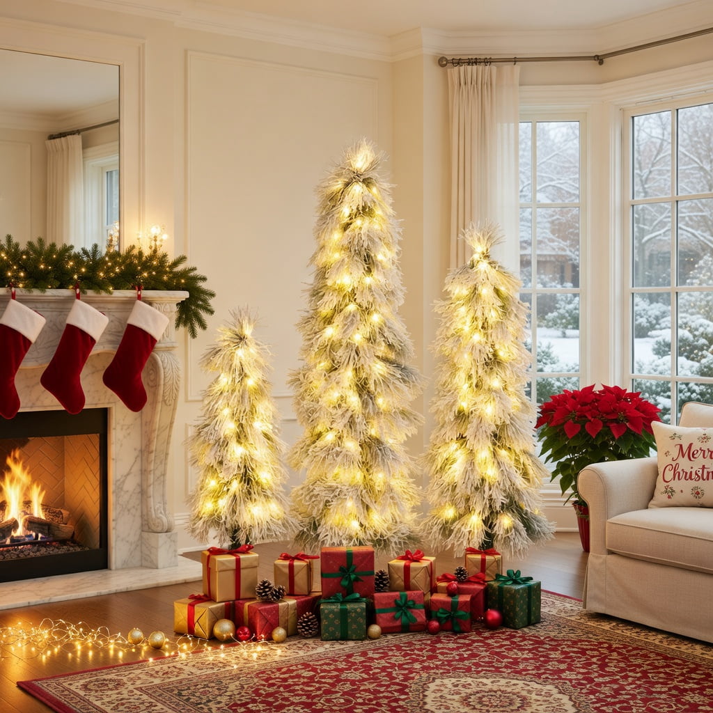 Resenkos 3-Piece Snow Flocked Artificial Christmas Tree Set - LED Lights, Green/White