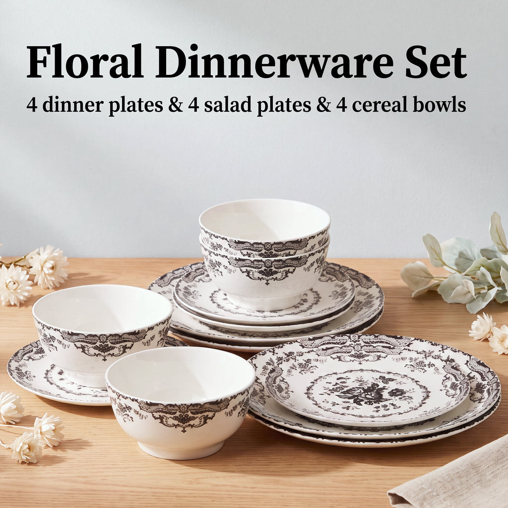 Onader 12 Piece Tableware Set, Rose Floral Dinnerware Set for 4, Ceramic Plates and Bowls Sets for Home Kitchen Restaurant, Scratch Resistant & Microwave Safe, Red