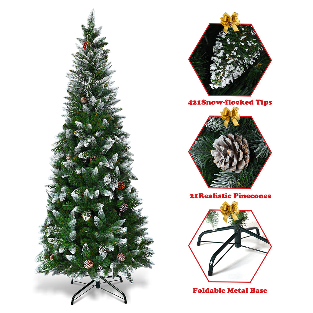 Topbuy 5'Artificial Pencil Christmas Tree Snow Flocked Tree w/ Pine Cones and Metal stand