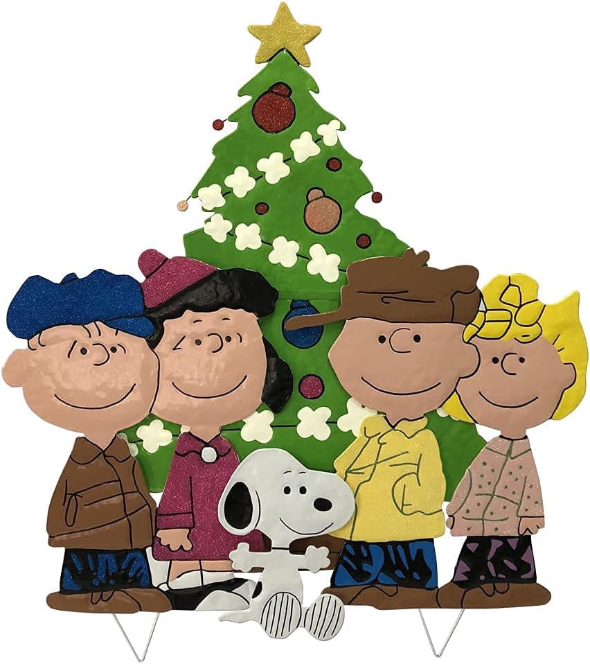 36" Peanuts Gang Around the Tree Christmas Yard Art Outdoor Christmas Decor Hammered Metal