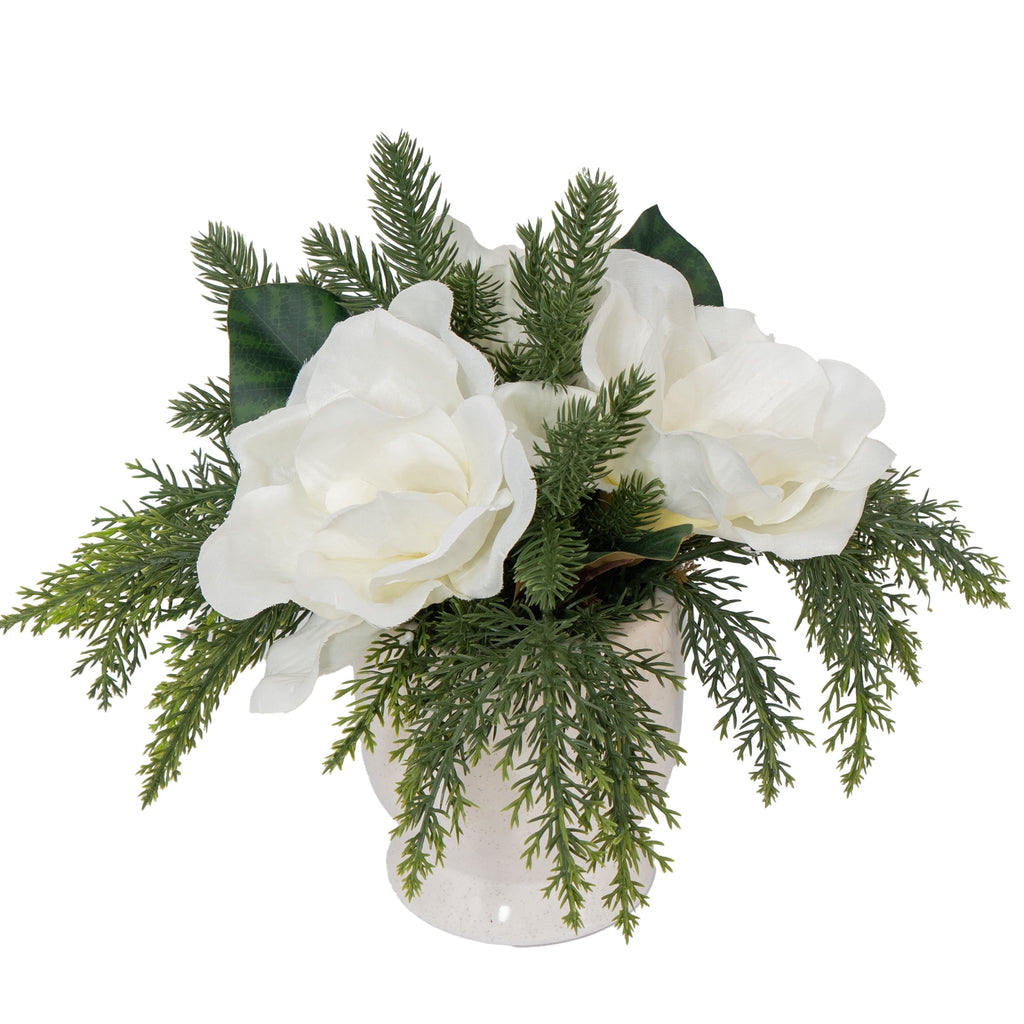 My Texas House Evergreen and Magnolia Christmas Arrangement in Pot, Green and White, 12"
