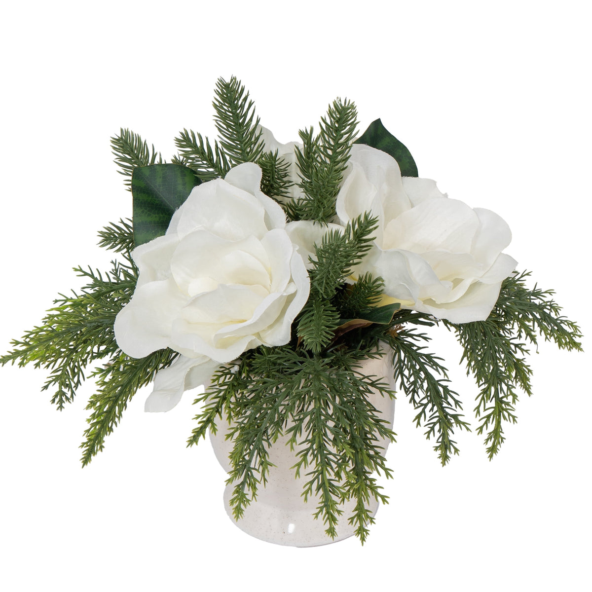 My Texas House Evergreen and Magnolia Christmas Arrangement in Pot, Green and White, 12"