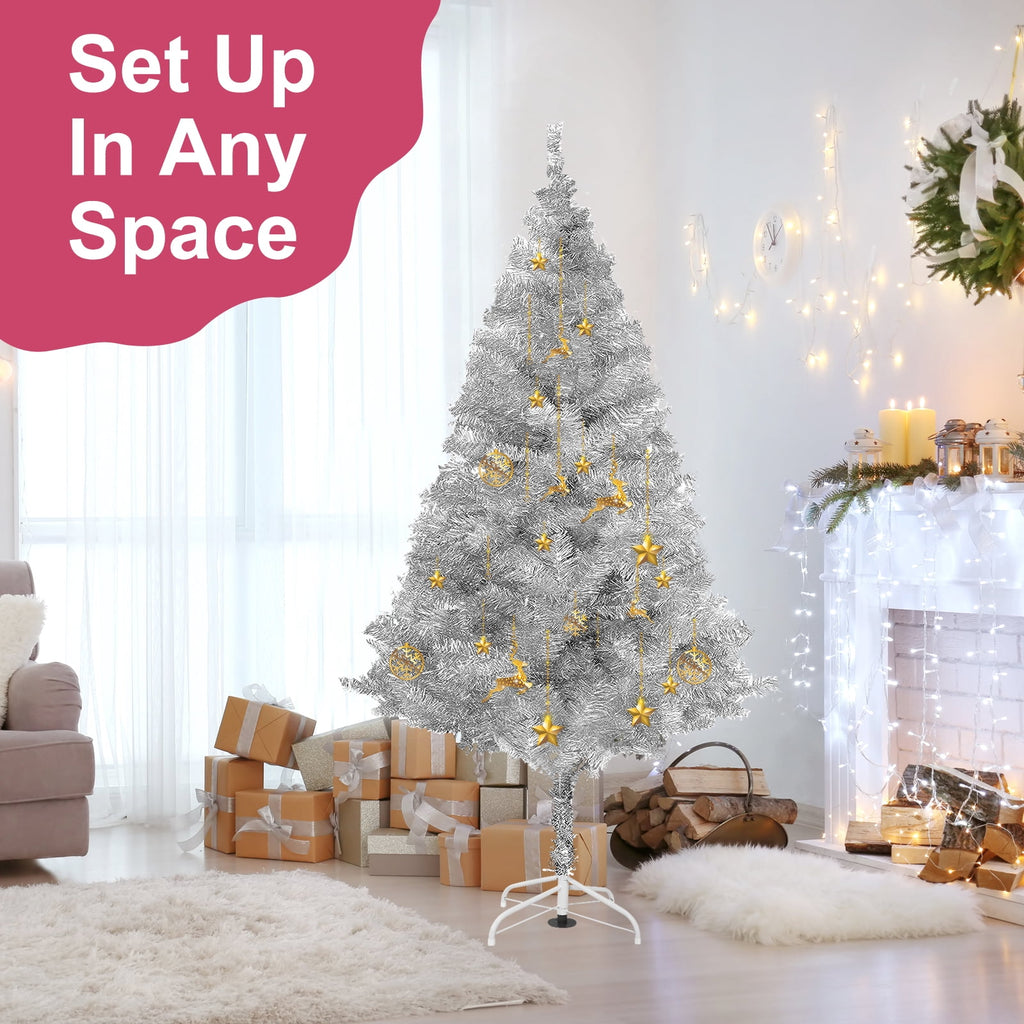 Fawyn 6' Ft Sparking Gorgeous Folding Artificial Tinsel Christmas Tree Silver Color 450 Tips