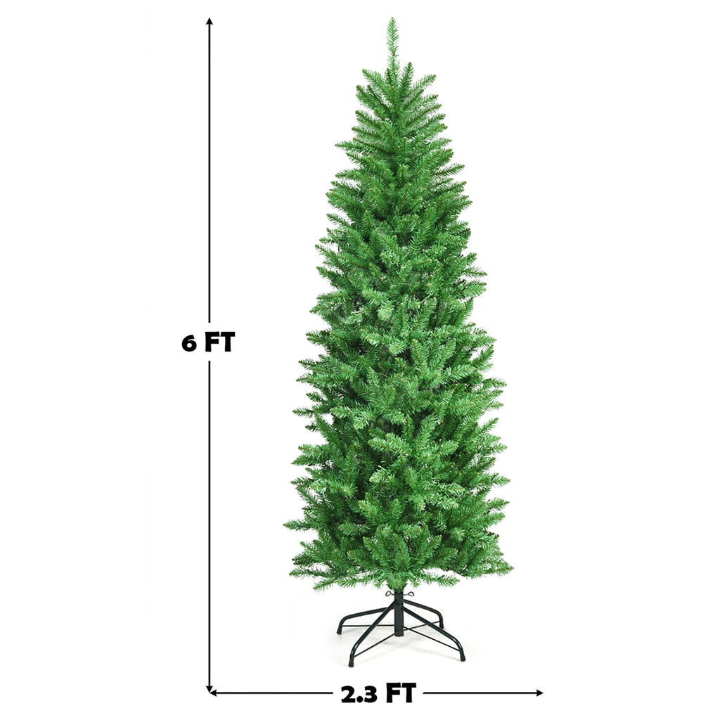 Costway 6Ft Pre-lit Artificial Pencil Christmas Tree Hinged Fir PVC Tree with 250 LED Lights