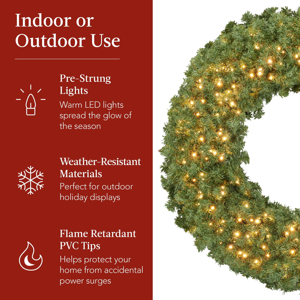 Best Choice Products 48in Artificial Pre-Lit Fir Christmas Wreath Decor w/ Red Bow, 250 LED Lights, 714 Tips, Plug-In