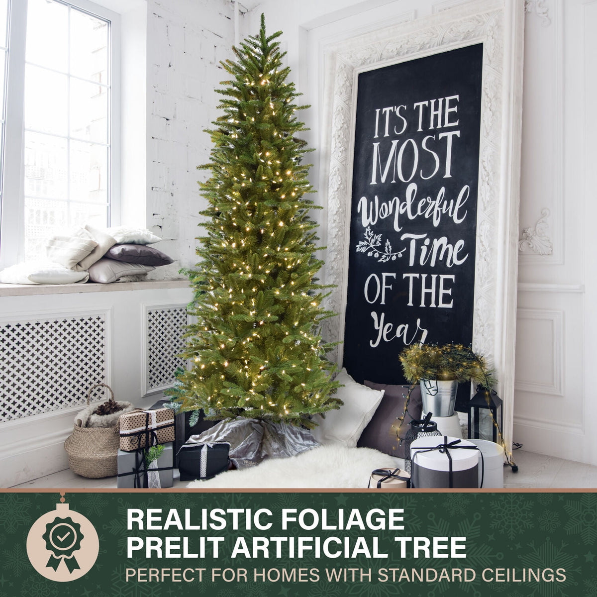 Fraser Hill Farm 6.5-Ft. Carmel Pine Slim Christmas Tree with White Incandescent Smart Lights, FFCP065-3GR