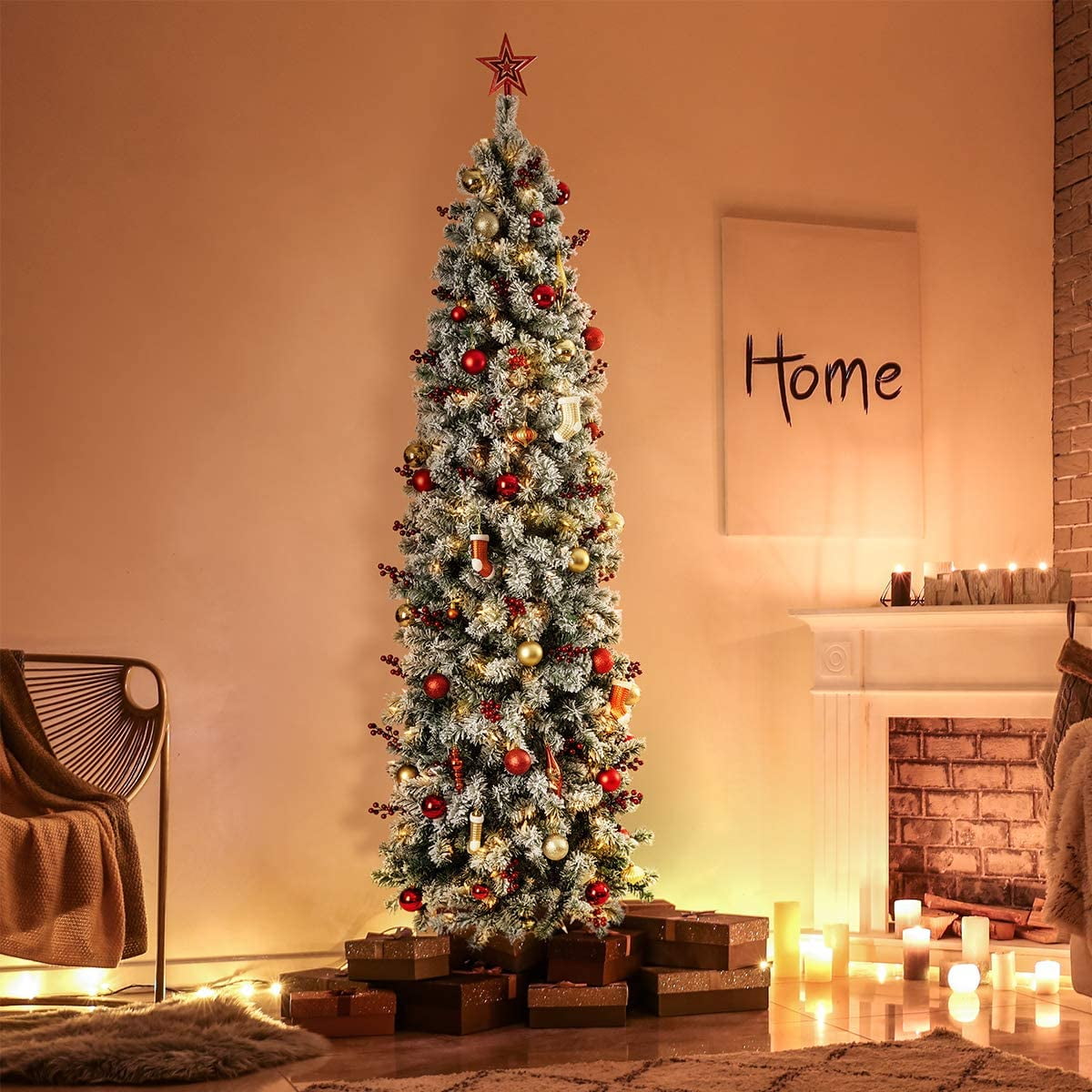 OasisCraft 9ft Pre-Lit Snow Flocked Artificial Pencil Christmas Tree with 450 Clear Lights, Hinged Snowy Slim Xmas Tree Outdoor for Festive Holiday Decor