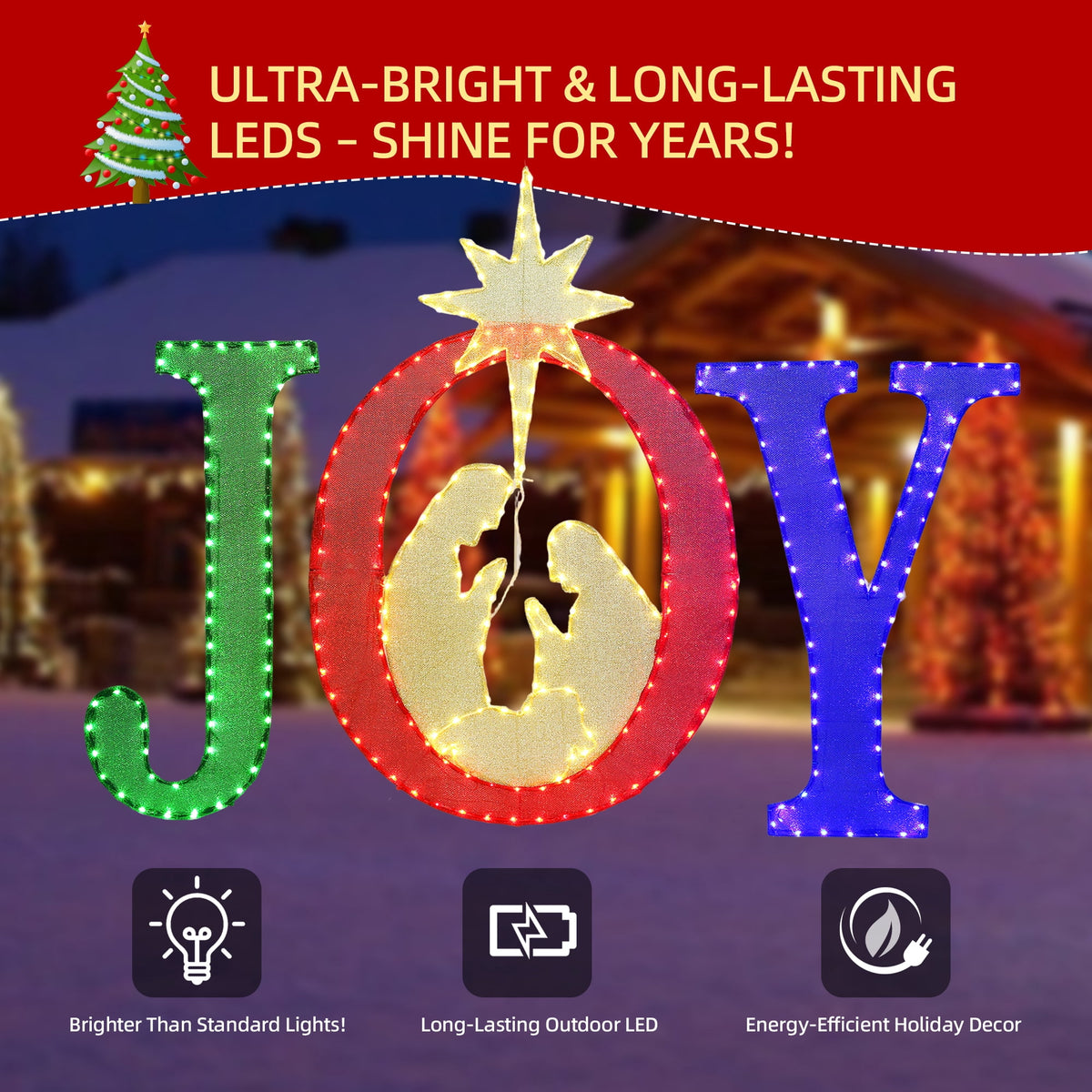 Starfree 49-inch Outdoor Nativity Decoration Lighted JOY Sign with Outdoor Christmas Yard Decorations Hanging and Standing Options for Porch & Garden