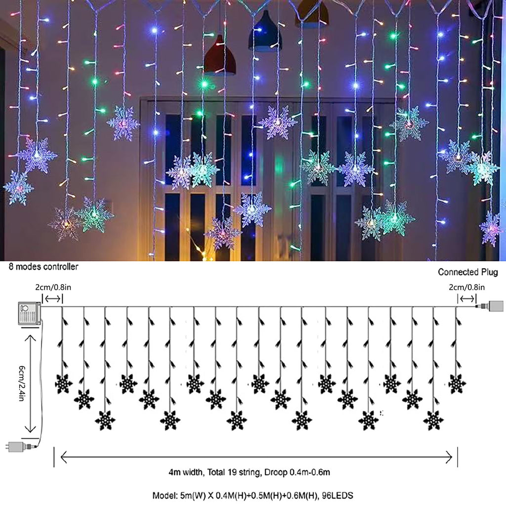 LED Curtain Lights,13ft/4M 96 LED Snowflake Curtain String Lights Plug-in Memory Window Curtain Lights with 8 Modes Decoration for Christmas, Wedding, Party,Wall, Home Decorations